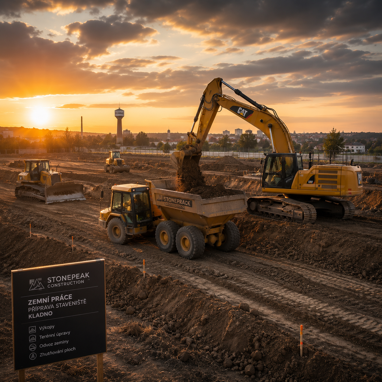 Příprava staveniště v Kladně — bagr a nákladní technika Stonepeak Construction