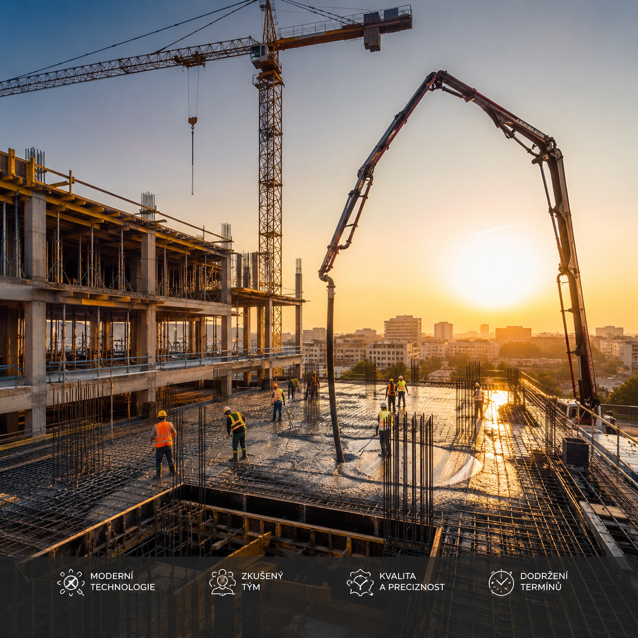 Betonáž stropní desky administrativního centra s čerpadlem betonu při západu slunce