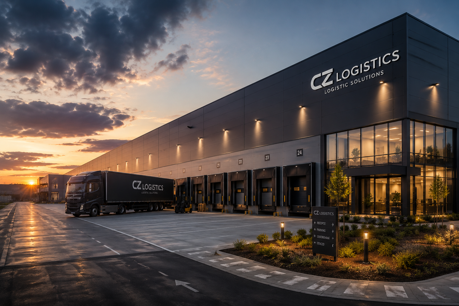 Logistické centrum CZ Logistics — hala s nákladními vozy u rampy při soumraku