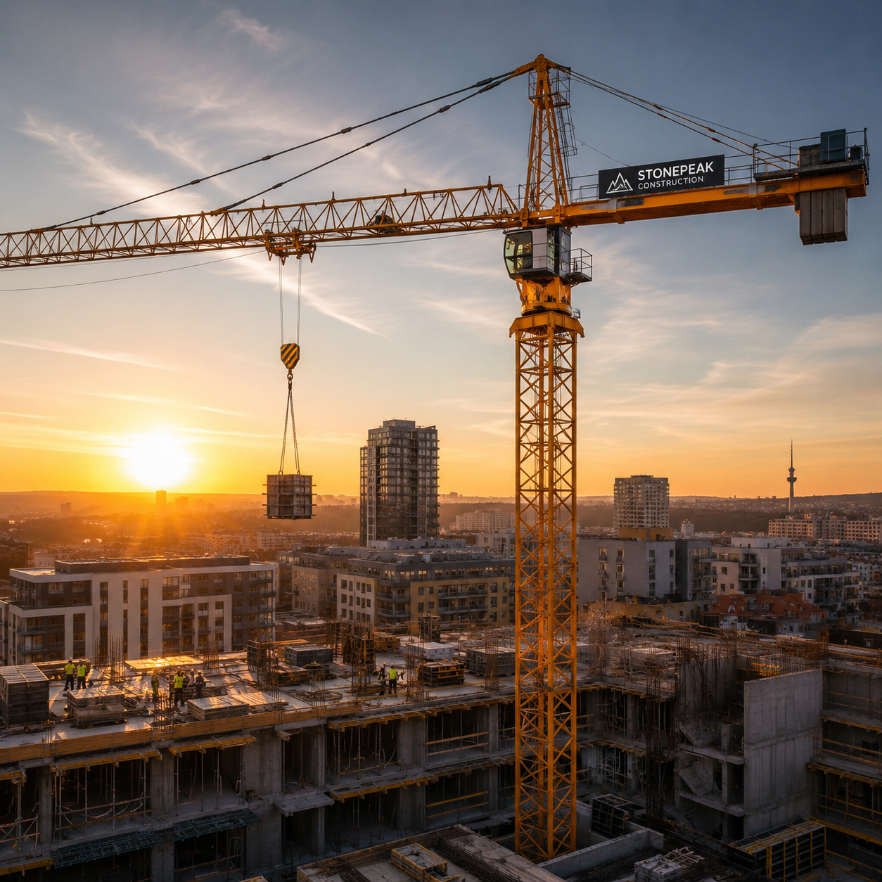 Věžový jeřáb Stonepeak Construction na staveništi v Praze 9 při západu slunce