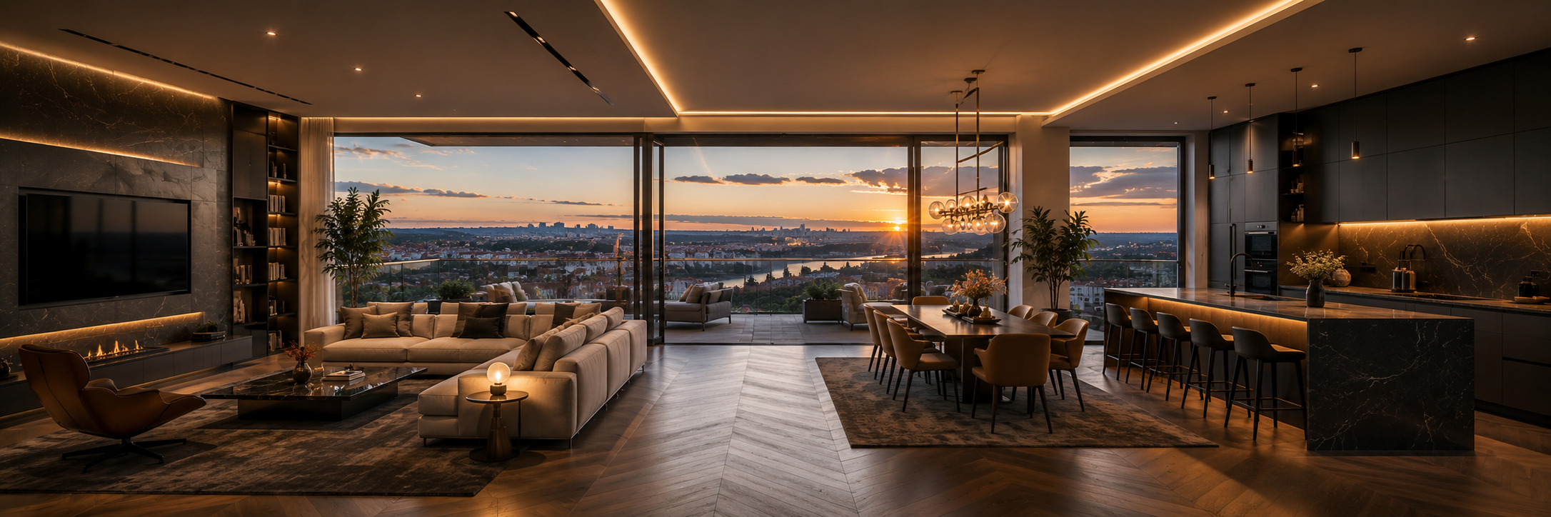 Luxusní interiér penthousu Rezidence Panorama s výhledem na město při západu slunce
